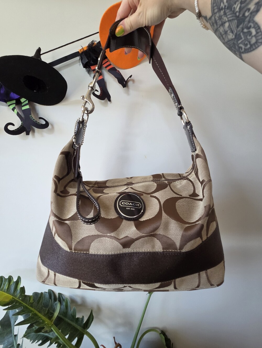 Coach F17434 Signature Stripe Hobo Shoulder Bag, Larger Size With Hang Tag